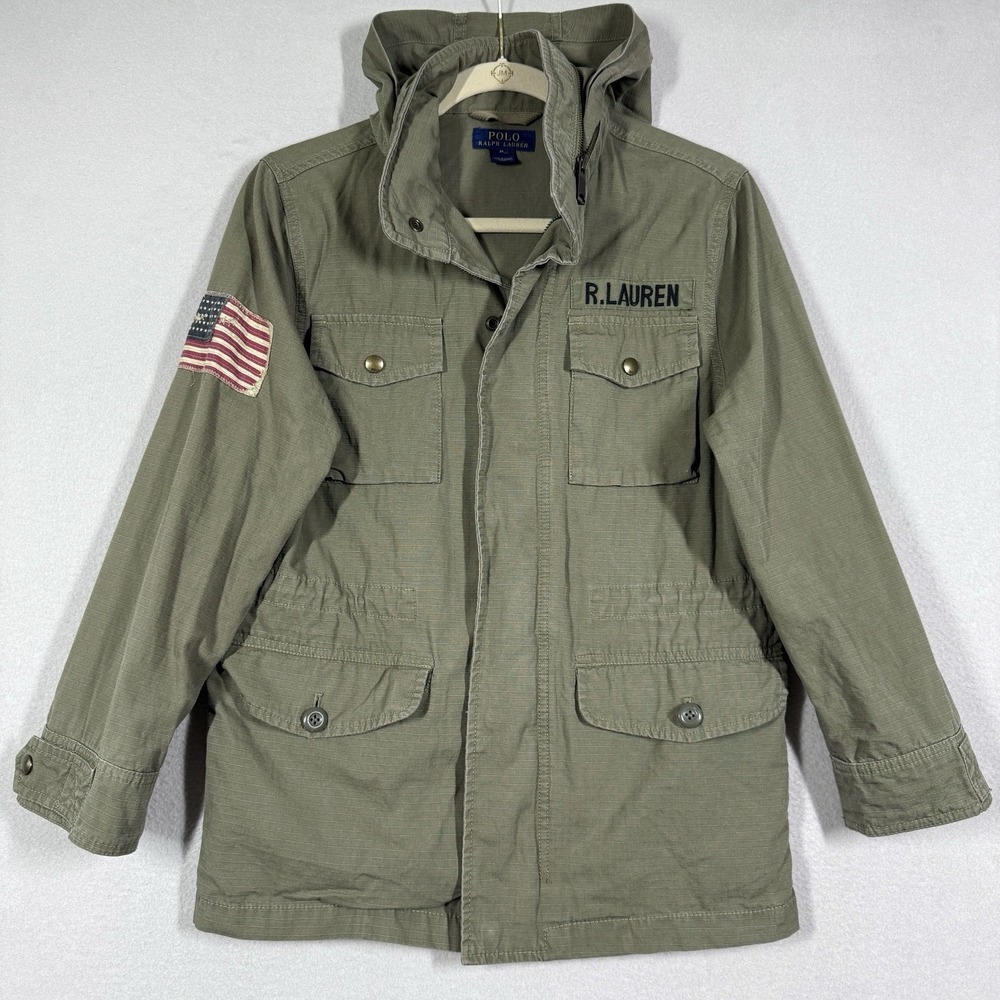 Polo Ralph Lauren Jacket Youth M 10-12 Military‎ Field Jacket Flag Patch Ripstop